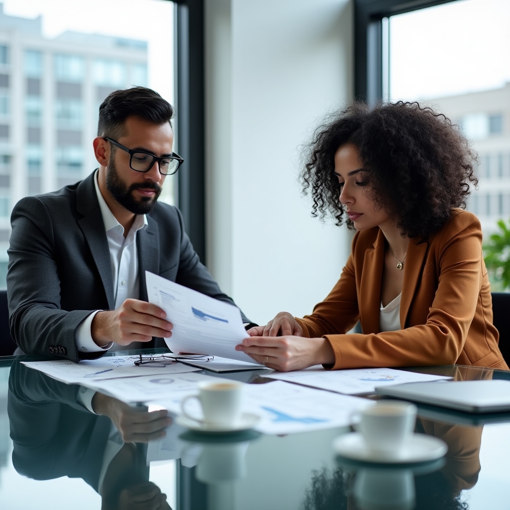 Business owner and accountant reviewing financial reports together