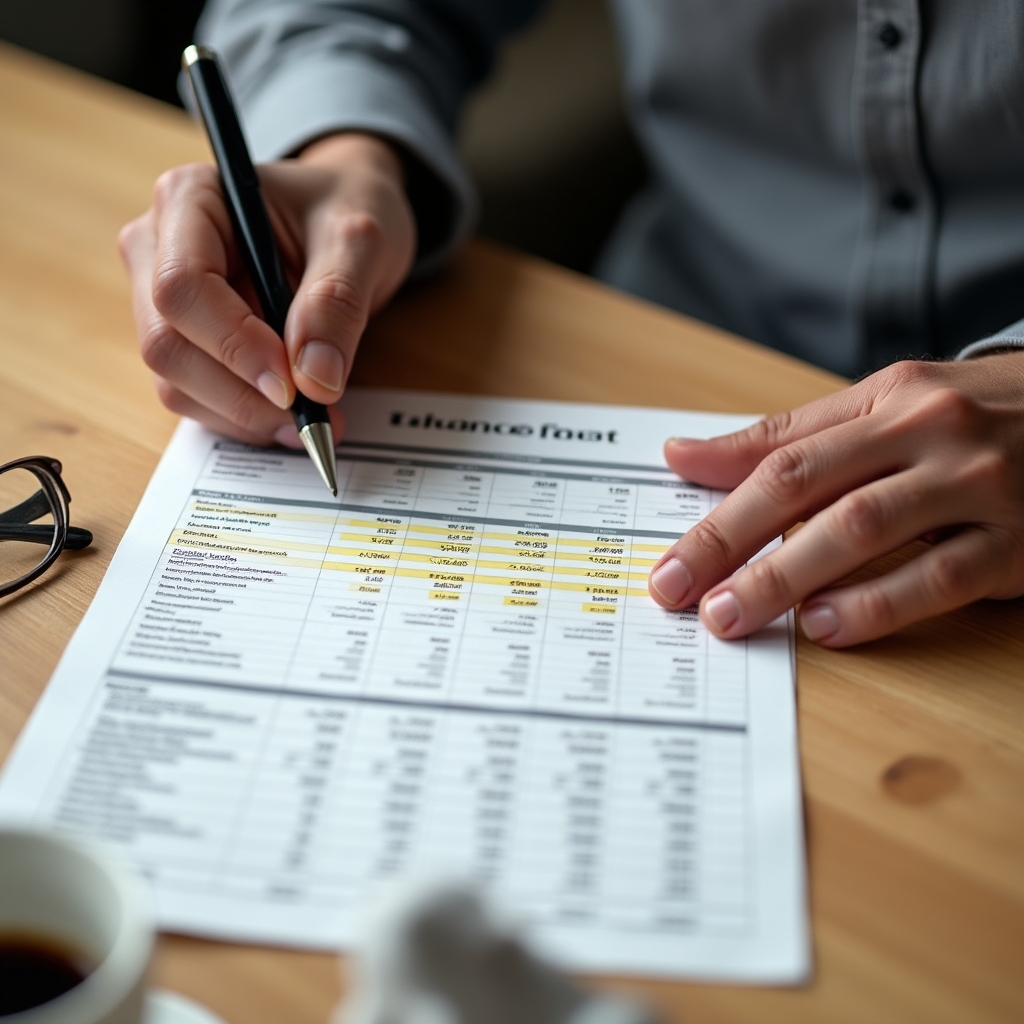 Person reviewing a balance sheet document with highlighted sections
