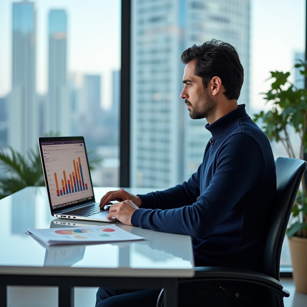 Business owner analyzing cash flow chart on laptop screen in bright office