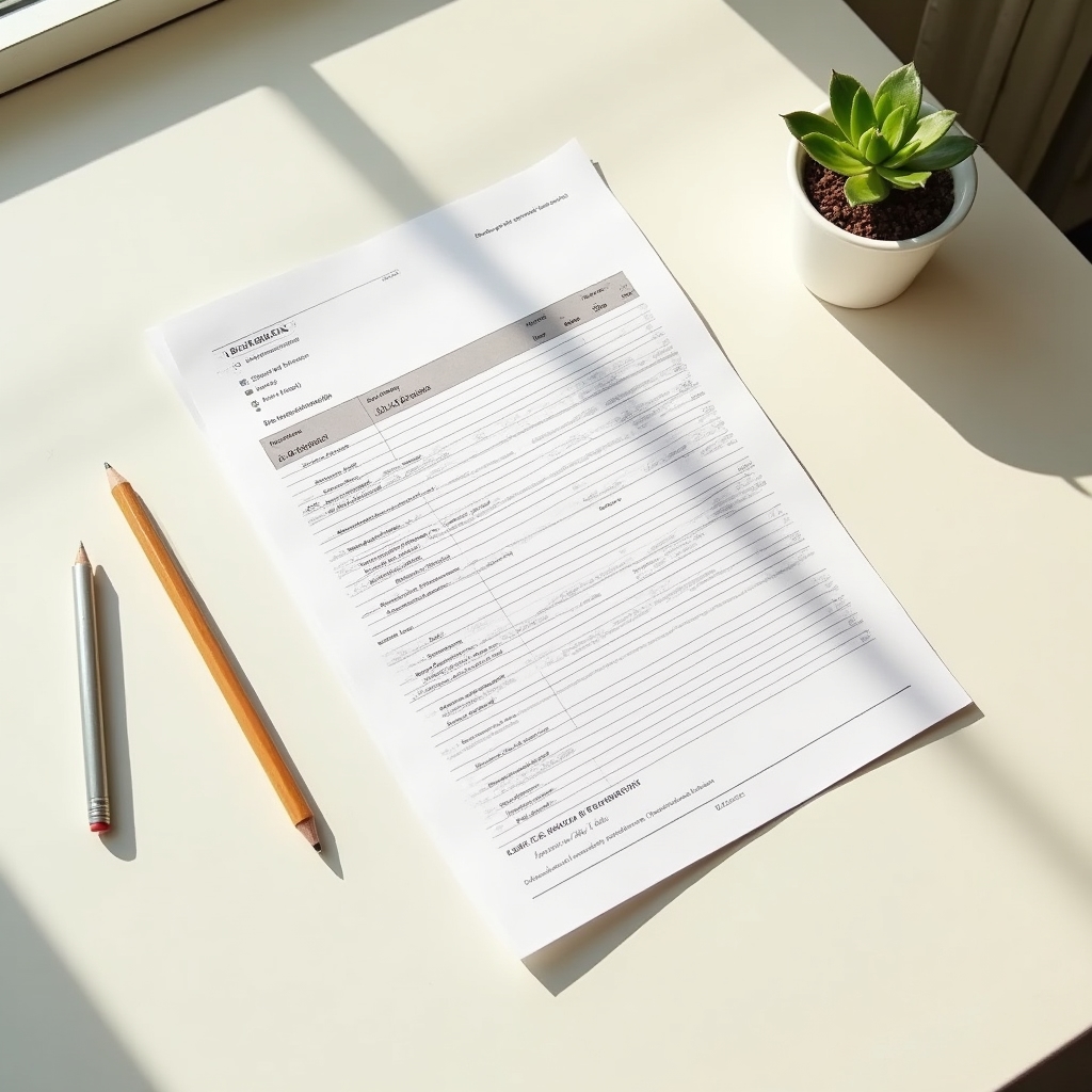 Open financial document on a clean desk with warm natural light streaming through a window