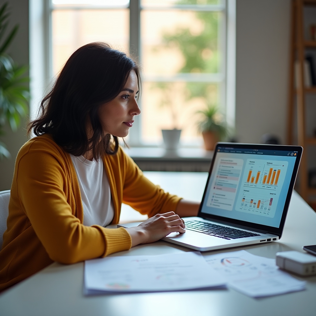 Laptop showing online course interface with financial statement diagrams on screen