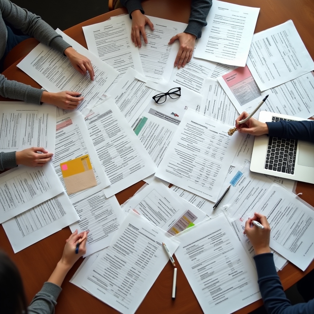 Spread of financial documents and charts on a large conference table viewed from above
