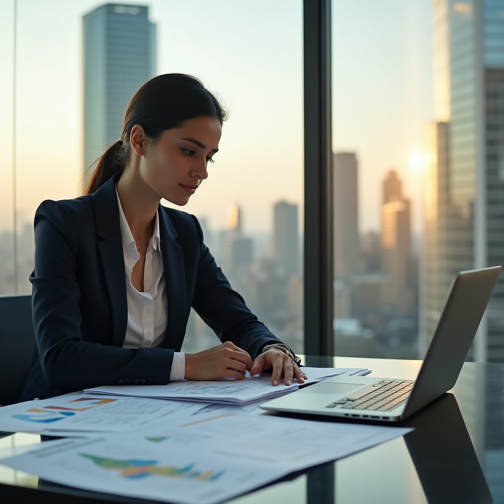 Business owner reviewing financial documents at a modern desk