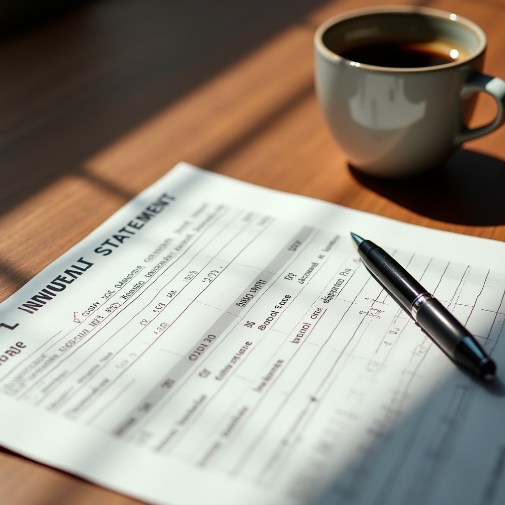 Close-up of income statement with pen and coffee cup on wooden desk