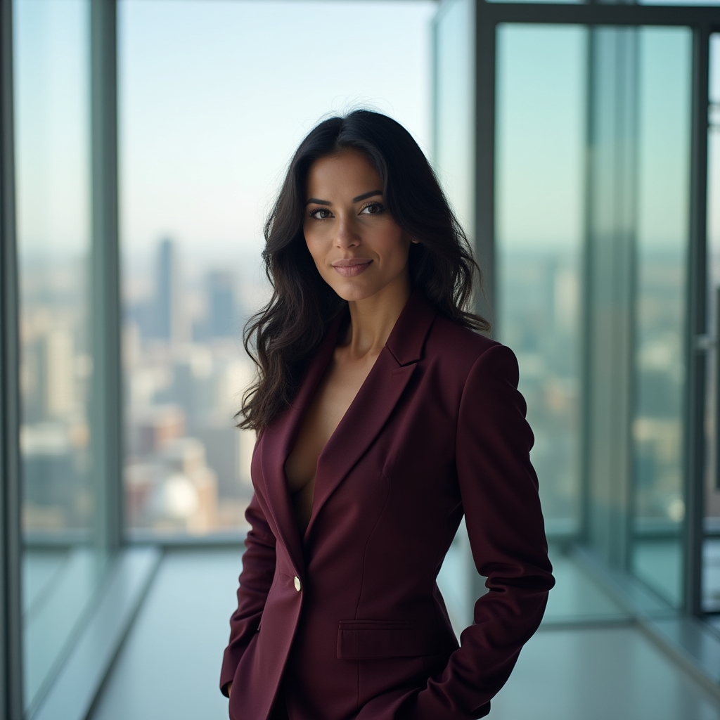 SME owner standing confidently in front of large office windows with city view