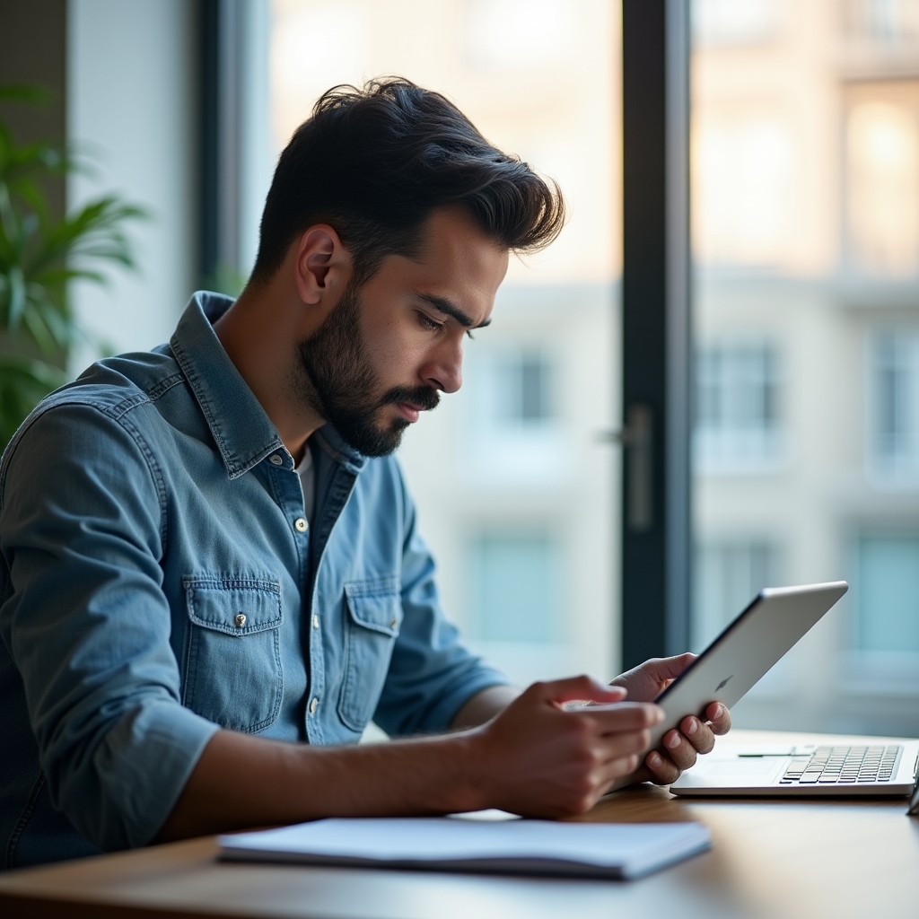 Young entrepreneur studying financial documents on a tablet at a bright workspace